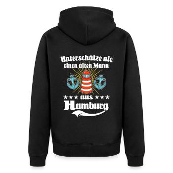 Hamburg Mann Hamburger Männer - Unisex Premium Bio Zip Hoodie - Schwarz - Hinten - Nico (187cm)