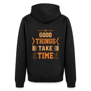 Good things take time - Gut Ding hat Weile - Unisex Premium Bio Zip Hoodie - Schwarz - Hinten - Nico (187cm)