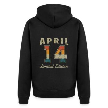 Geburtstag: April 2014 - Limited Edition Retro - Unisex Premium Bio Zip Hoodie - Schwarz - Hinten - Nico (187cm)