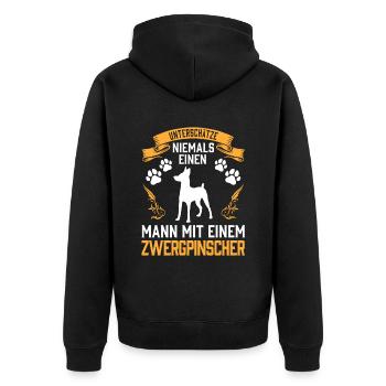 Mann mit Zwergpinscher Pinscher - Unisex Premium Bio Zip Hoodie - Schwarz - Hinten - Nico (187cm)