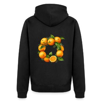 Orange Buchstabe Orangenfrüchte - Unisex Premium Bio Zip Hoodie - Schwarz - Hinten - Nico (187cm)