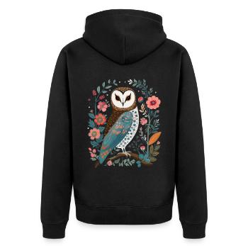 Niedliche Eule Vogel Federn Blumen Muster - Unisex Premium Bio Zip Hoodie - Schwarz - Hinten - Nico (187cm)
