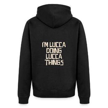 Je suis Lucca en train de faire des choses à Lucca - Veste à capuche bio Premium Unisexe - noir - Dos - Nico (187cm)