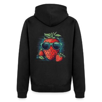 Lustige Erdbeere mit Sonnenbrille Frucht Tropisch - Unisex Premium Bio Zip Hoodie - Schwarz - Hinten - Nico (187cm)