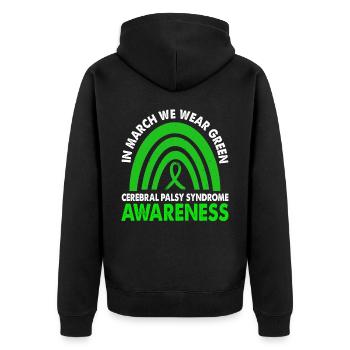 In March we wear Green Cerebral Palsy Syndrome - Unisex Premium Organic Zip Hoodie - black - Back - Nico (187cm)