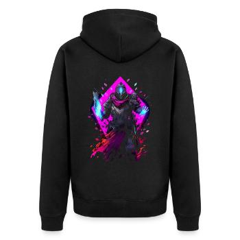 Epic Gamer Guardian in Vaporwave Synthwave Farben - Unisex Premium Bio Zip Hoodie - Schwarz - Hinten - Nico (187cm)