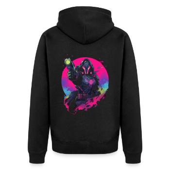 Epic Gamer Guardian in Vaporwave Synthwave Farben - Unisex Premium Bio Zip Hoodie - Schwarz - Hinten - Nico (187cm)