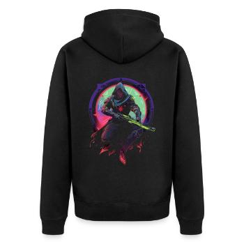 Epic Gamer Guardian mit Umhang springt in die - Unisex Premium Bio Zip Hoodie - Schwarz - Hinten - Nico (187cm)