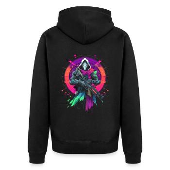 Epic Gamer Guardian in Vaporwave Synthwave Farben - Unisex Premium Bio Zip Hoodie - Schwarz - Hinten - Nico (187cm)