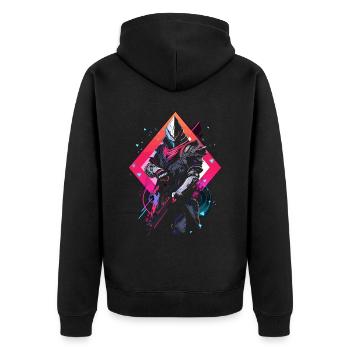 Epic Gamer Guardian in Vaporwave Synthwave Farben - Unisex Premium Bio Zip Hoodie - Schwarz - Hinten - Nico (187cm)