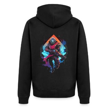 Epic Gamer Guardian in Vaporwave Synthwave Farben - Unisex Premium Bio Zip Hoodie - Schwarz - Hinten - Nico (187cm)