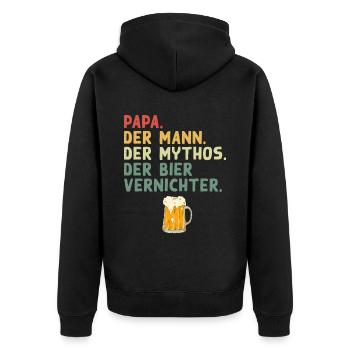 Papa Mann Mythos Bier Vernichter Lustiger Spruch - Unisex Premium Bio Zip Hoodie - Schwarz - Hinten - Nico (187cm)