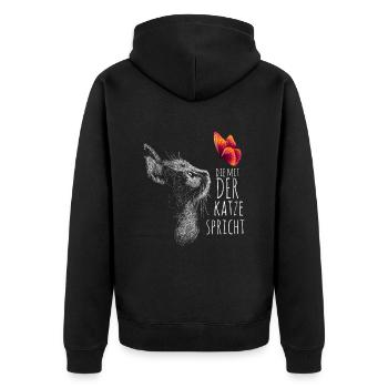 Die mit der Katze spricht - Unisex Premium Bio Zip Hoodie - Schwarz - Hinten - Nico (187cm)