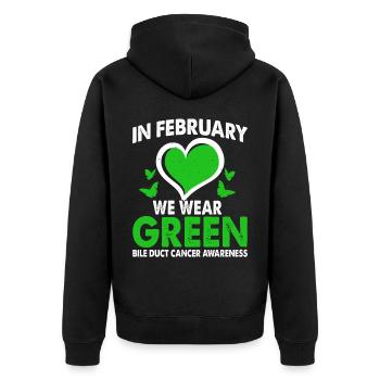 In February, we carry the Green Gall Duct Cancer - Unisex Premium Organic Zip Hoodie - black - Back - Nico (187cm)