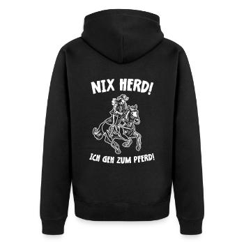 Nix Herd! Ich geh zum Pferd! Pferdespruch Geschenk - Unisex Premium Bio Zip Hoodie - Schwarz - Hinten - Nico (187cm)