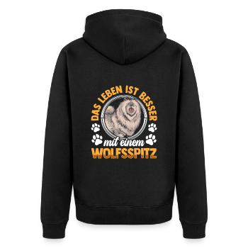 Leben mit Wolfsspitz Deutscher Keeshond - Unisex Premium Bio Zip Hoodie - Schwarz - Hinten - Nico (187cm)