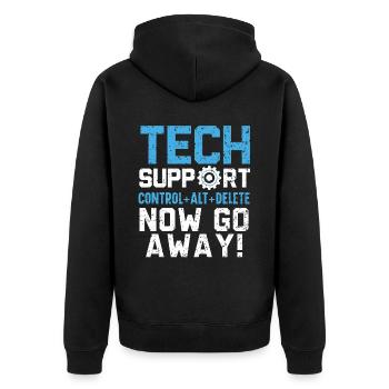 Tech Support Was haben Sie jetzt kaputt gemacht? - Unisex Premium Bio Zip Hoodie - Schwarz - Hinten - Nico (187cm)