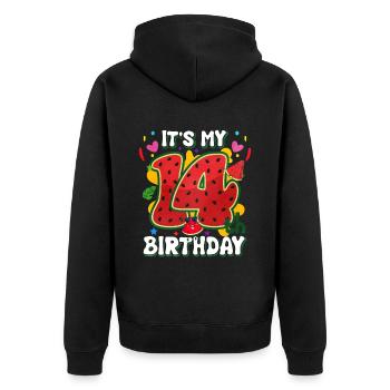 14e anniversaire Cadeau d’été de pastèque - Veste à capuche bio Premium Unisexe - noir - Dos - Nico (187cm)
