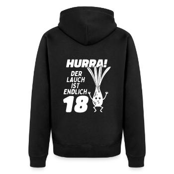 18 na endlich 18. Geburtstag | 18 Jahre volljährig - Unisex Premium Bio Zip Hoodie - Schwarz - Hinten - Nico (187cm)