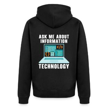Ask Me About Information Technology Tech Support - Unisex Premium Bio Zip Hoodie - Schwarz - Hinten - Nico (187cm)