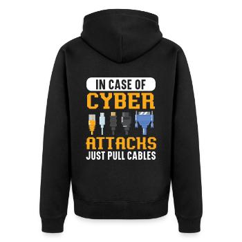 In Case Of Cyber Attacks Just Pull Cables - Unisex Premium Bio Zip Hoodie - Schwarz - Hinten - Nico (187cm)