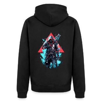 Epischer Gamer Cyber Assassine in Blau und Rot - Unisex Premium Bio Zip Hoodie - Schwarz - Hinten - Nico (187cm)