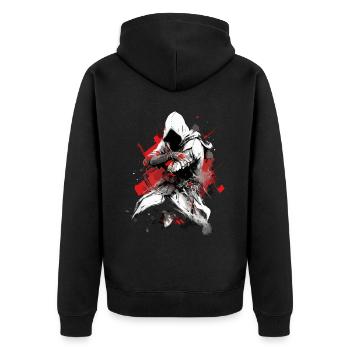 Epischer Gamer Cyber Assassine in Rot und Weiß - Unisex Premium Bio Zip Hoodie - Schwarz - Hinten - Nico (187cm)