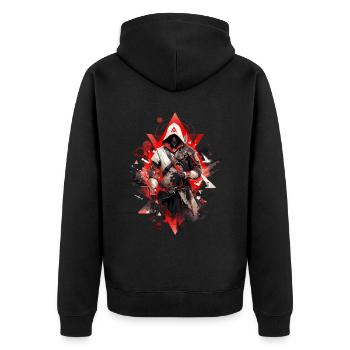 Epischer Gamer Cyber Assassine Okkultist Rot Weiß - Unisex Premium Bio Zip Hoodie - Schwarz - Hinten - Nico (187cm)