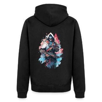 Epischer Gamer Cyber Assassine Punk mit Rüstung - Unisex Premium Bio Zip Hoodie - Schwarz - Hinten - Nico (187cm)