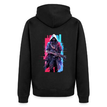 Epischer Gamer Cyber Assassine in Rot und Blau - Unisex Premium Bio Zip Hoodie - Schwarz - Hinten - Nico (187cm)
