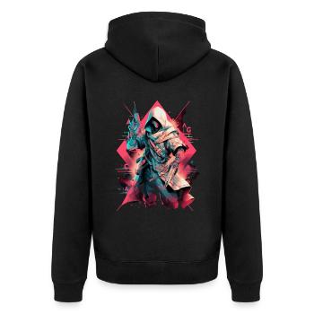 Epischer Gamer Cyber Assassine aus der Renaissance - Unisex Premium Bio Zip Hoodie - Schwarz - Hinten - Nico (187cm)
