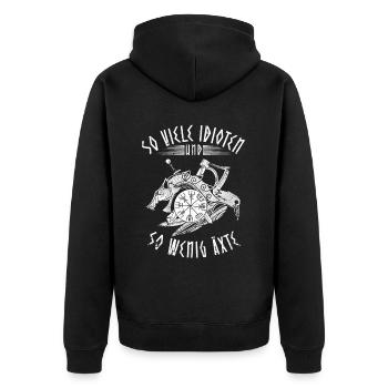 Lustiger Wikinger Spruch Statement mit Äxten - Unisex Premium Bio Zip Hoodie - Schwarz - Hinten - Nico (187cm)