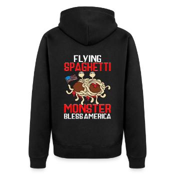 FSM Pastafarian - Unisex Premium Bio Zip Hoodie - Schwarz - Hinten - Nico (187cm)