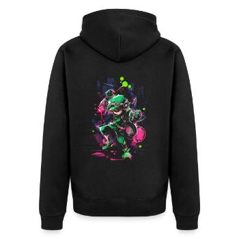 Waldjunge als Gaming-Legende im coolen Design - Unisex Premium Bio Zip Hoodie - Schwarz - Hinten - Nico (187cm)