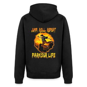 Parkour Le Parcour Freerunning Extremsport - Unisex Premium Bio Zip Hoodie - Schwarz - Hinten - Nico (187cm)