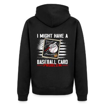 "Ich Habe Vielleicht Ein Baseballkartenproblem" - Unisex Premium Bio Zip Hoodie - Schwarz - Hinten - Nico (187cm)