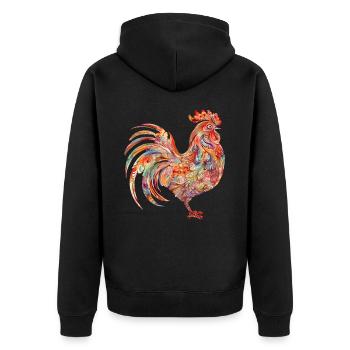 Lebendiger blumiger bunter Hahn - Unisex Premium Bio Zip Hoodie - Schwarz - Hinten - Nico (187cm)