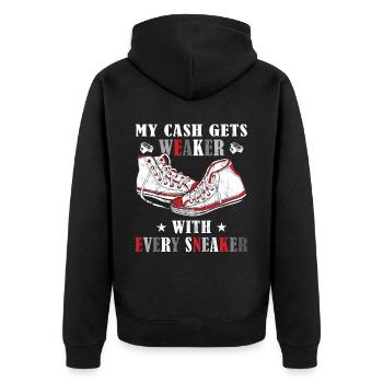 "Mein Geld Wird Mit Jedem Sneaker" Sneaker - Unisex Premium Bio Zip Hoodie - Schwarz - Hinten - Nico (187cm)