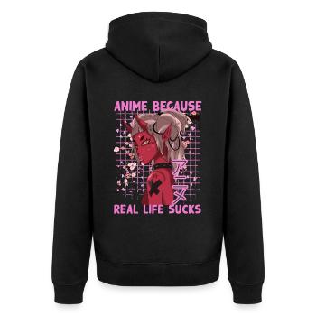 Lustig Manga Spruch Anime because real life sucks - Unisex Premium Bio Zip Hoodie - Schwarz - Hinten - Nico (187cm)