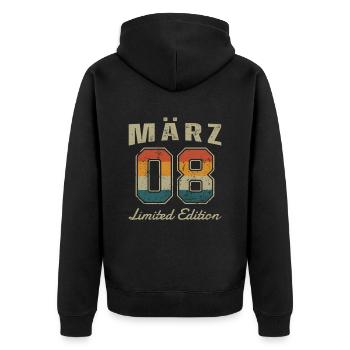 Geburtstag: März 2008 - Limited Edition Retro - Unisex Premium Bio Zip Hoodie - Schwarz - Hinten - Nico (187cm)