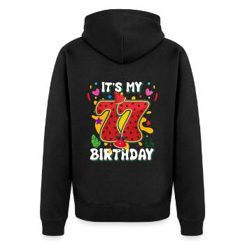77. Geburtstag Wassermelone - Unisex Premium Bio Zip Hoodie - Schwarz - Hinten - Nico (187cm)