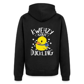 Kwehzy Crazy About Duckling - Gelbe Enten - Unisex Premium Bio Zip Hoodie - Schwarz - Hinten - Nico (187cm)