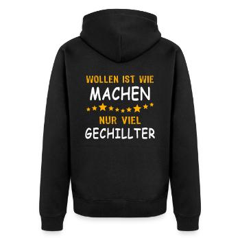 Wollen Machen Chillen - Unisex Premium Bio Zip Hoodie - Schwarz - Hinten - Nico (187cm)