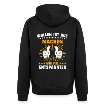 Wollen Machen Chillen - Unisex Premium Bio Zip Hoodie - Schwarz - Hinten - Nico (187cm)
