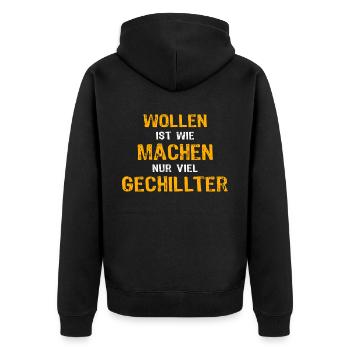 Wollen Machen Chillen - Unisex Premium Bio Zip Hoodie - Schwarz - Hinten - Nico (187cm)