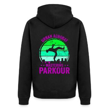 Parkour, Freerunning, Street Workout, Acrobatic - Unisex Premium Bio Zip Hoodie - Schwarz - Hinten - Nico (187cm)