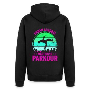 Parkour, Freerunning, Street Workout, Acrobatic - Unisex Premium Bio Zip Hoodie - Schwarz - Hinten - Nico (187cm)