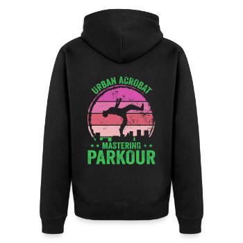 Parkour, Freerunning, Street Workout, Acrobatic - Unisex Premium Organic Zip Hoodie - black - Back - Nico (187cm)