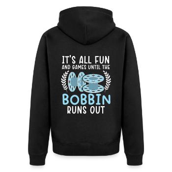 Es ist alles Spaß und Spiel, bis die Spule ausgeht - Unisex Premium Bio Zip Hoodie - Schwarz - Hinten - Nico (187cm)
