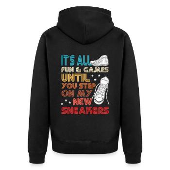 "Du Tritt Auf Meine Turnschuhe" Schuhe Fan - Unisex Premium Bio Zip Hoodie - Schwarz - Hinten - Nico (187cm)